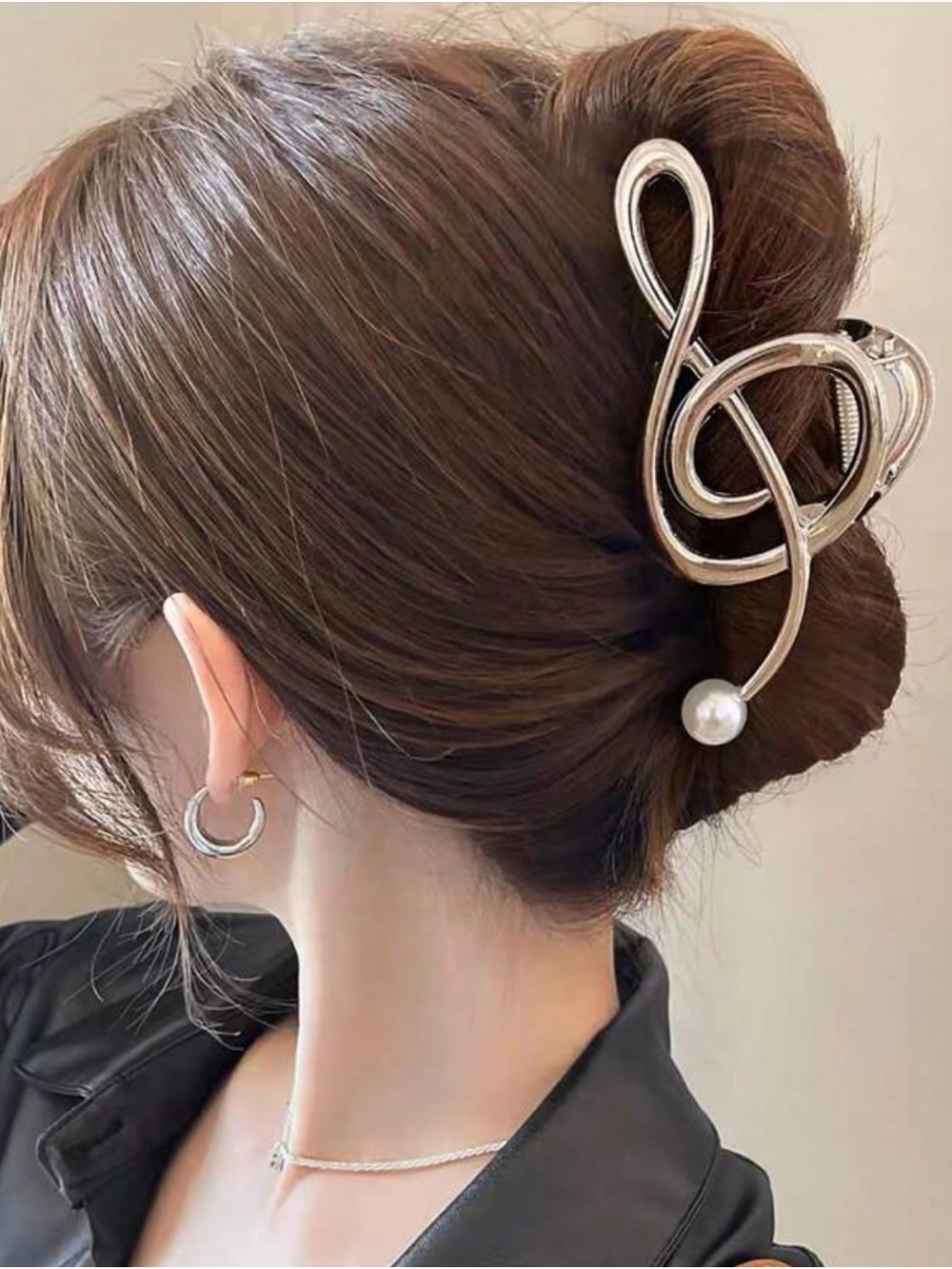 Silver Treble Clef Claw Clip with Pearl Accent